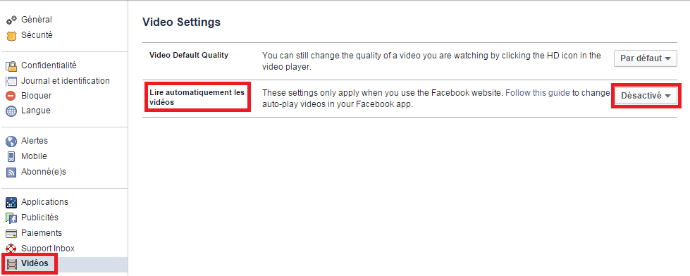 Facebook paramètres vidéos.